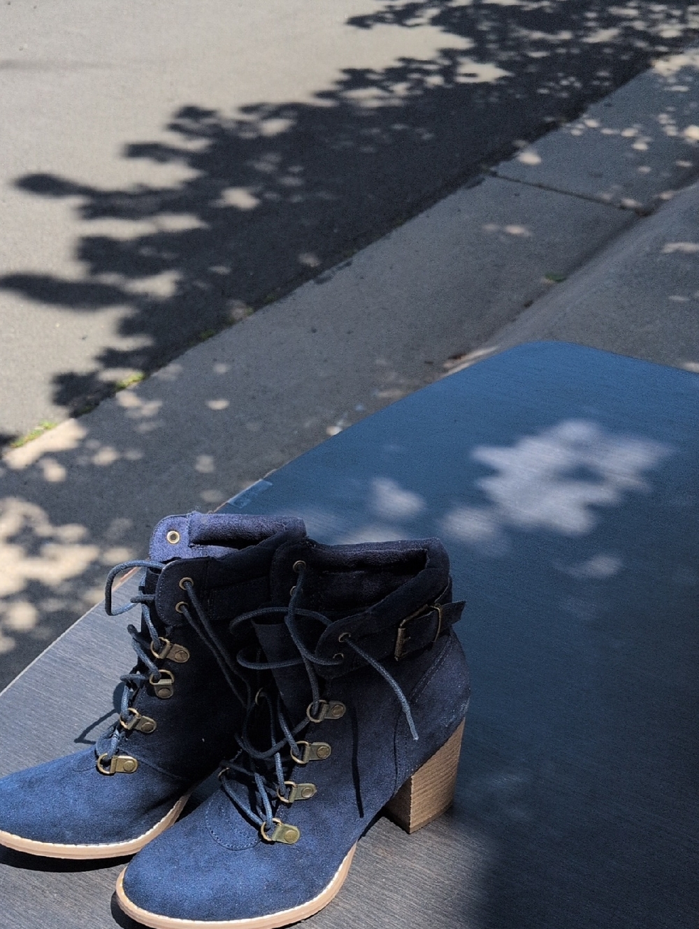 Navy Suede Lace-Up Block Heel Ankle Boots